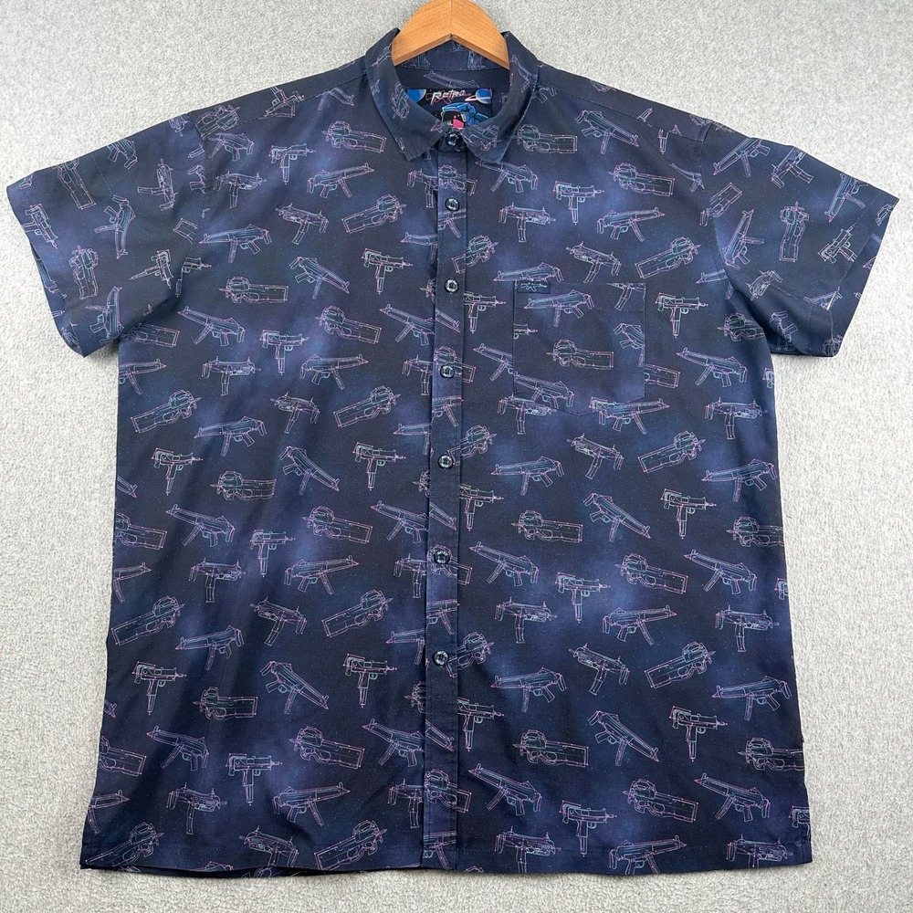 Retro Rifle Shirt Mens XL Zodiac Navy Blue Short Sleeve Button Down Gun Print